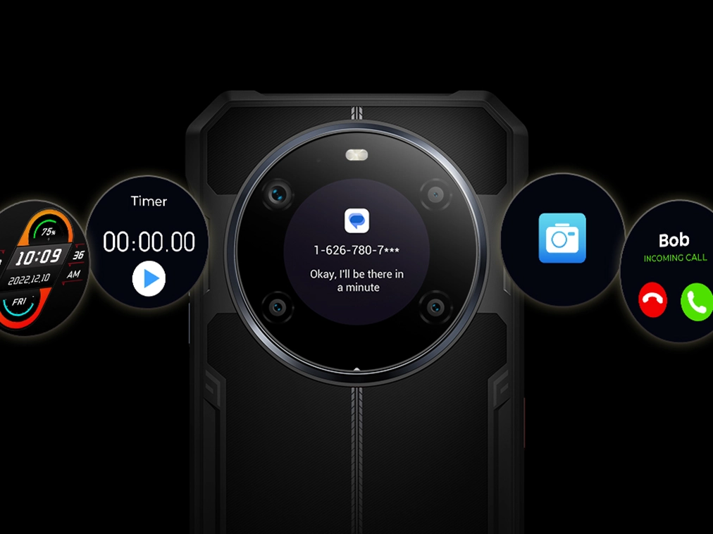 Tylny ekran FOSSiBOT F109 z widżetami: timer, aparat, połączenie